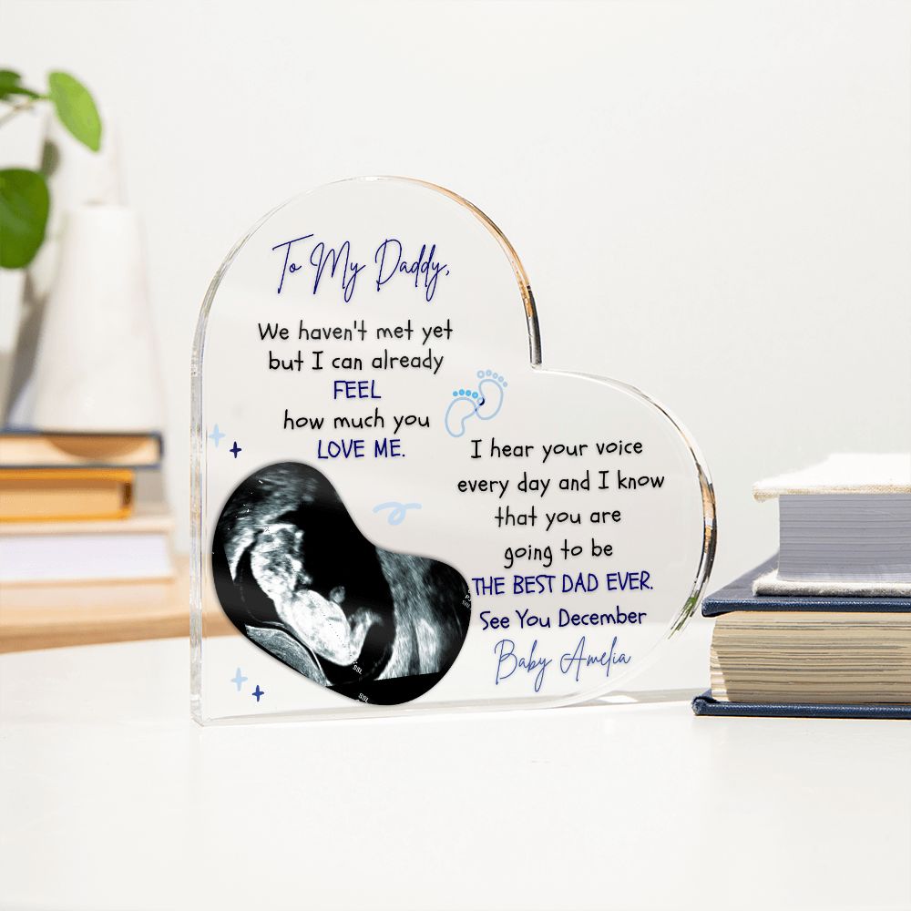 The Ultimate Keepsake for Dads-To-Be: Personalized Heart Acrylics with Baby's Name, Due Date and a Message From the Bump