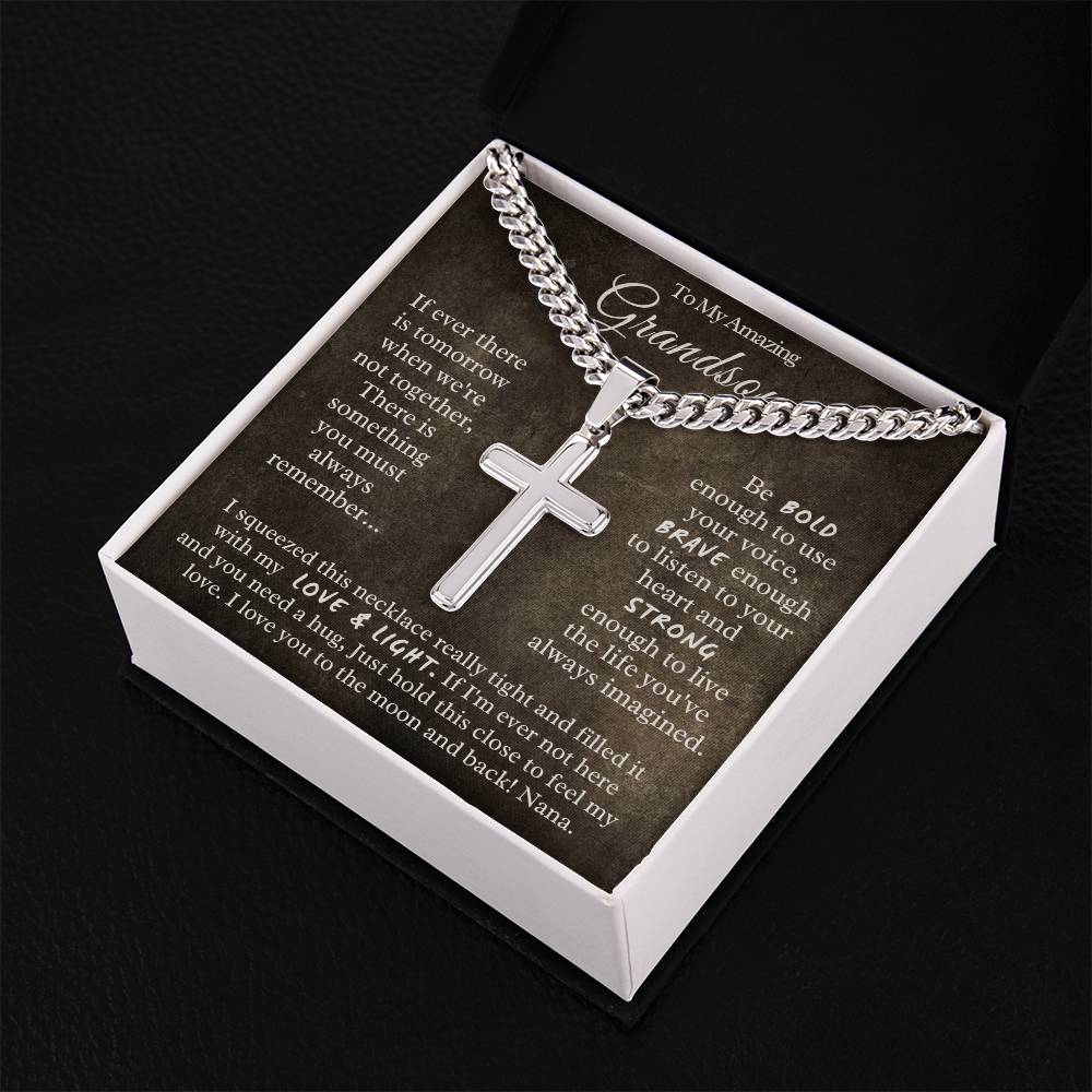 To My Amazing  Grandson from Nana - Cuban Chain with Artisan Cross Necklace