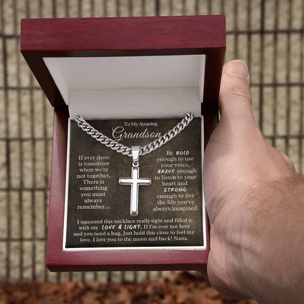 To My Amazing  Grandson from Nana - Cuban Chain with Artisan Cross Necklace
