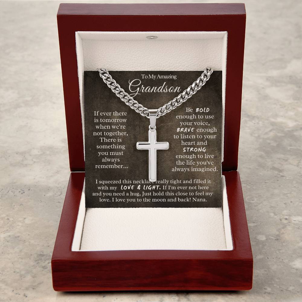 To My Amazing  Grandson from Nana - Cuban Chain with Artisan Cross Necklace
