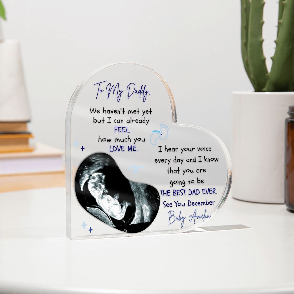 The Ultimate Keepsake for Dads-To-Be: Personalized Heart Acrylics with Baby's Name, Due Date and a Message From the Bump