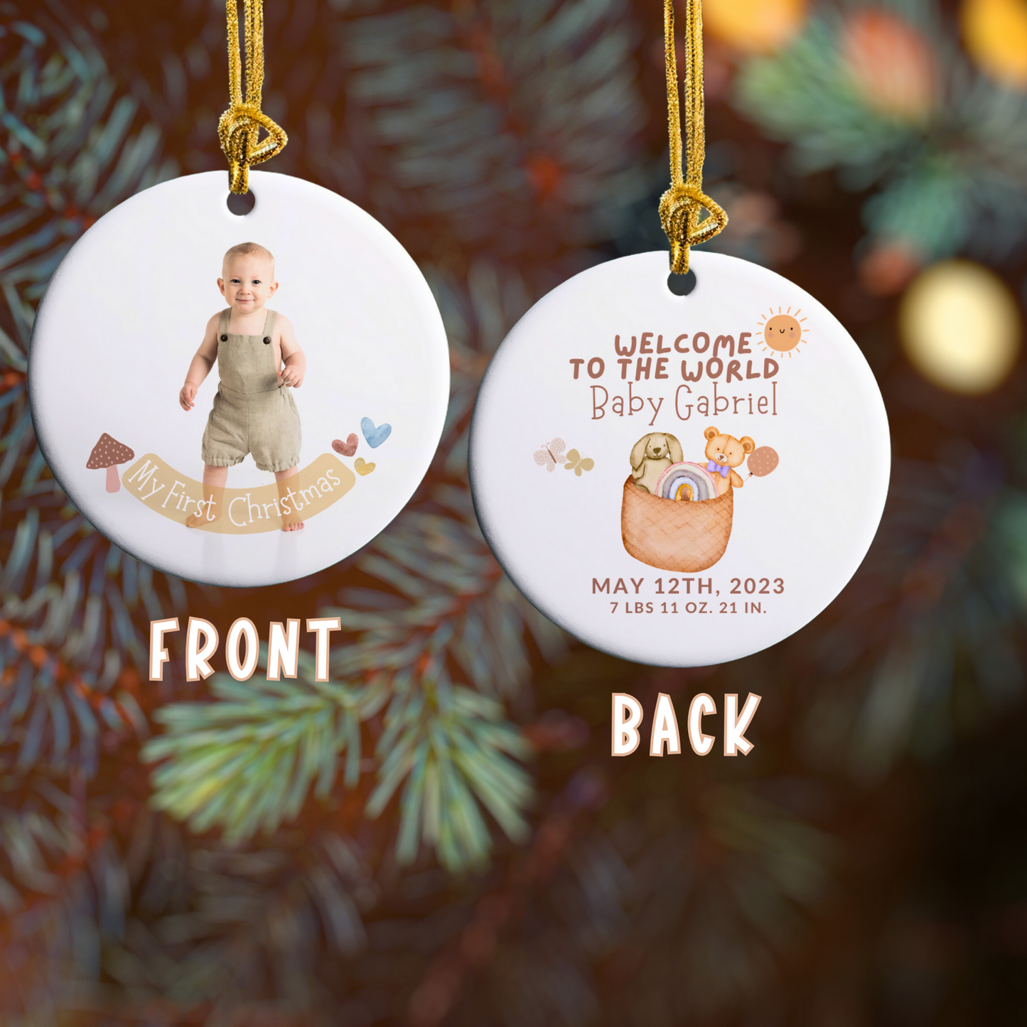 Babys First Christmas Ornament 2023 with Baby Stats and Photo