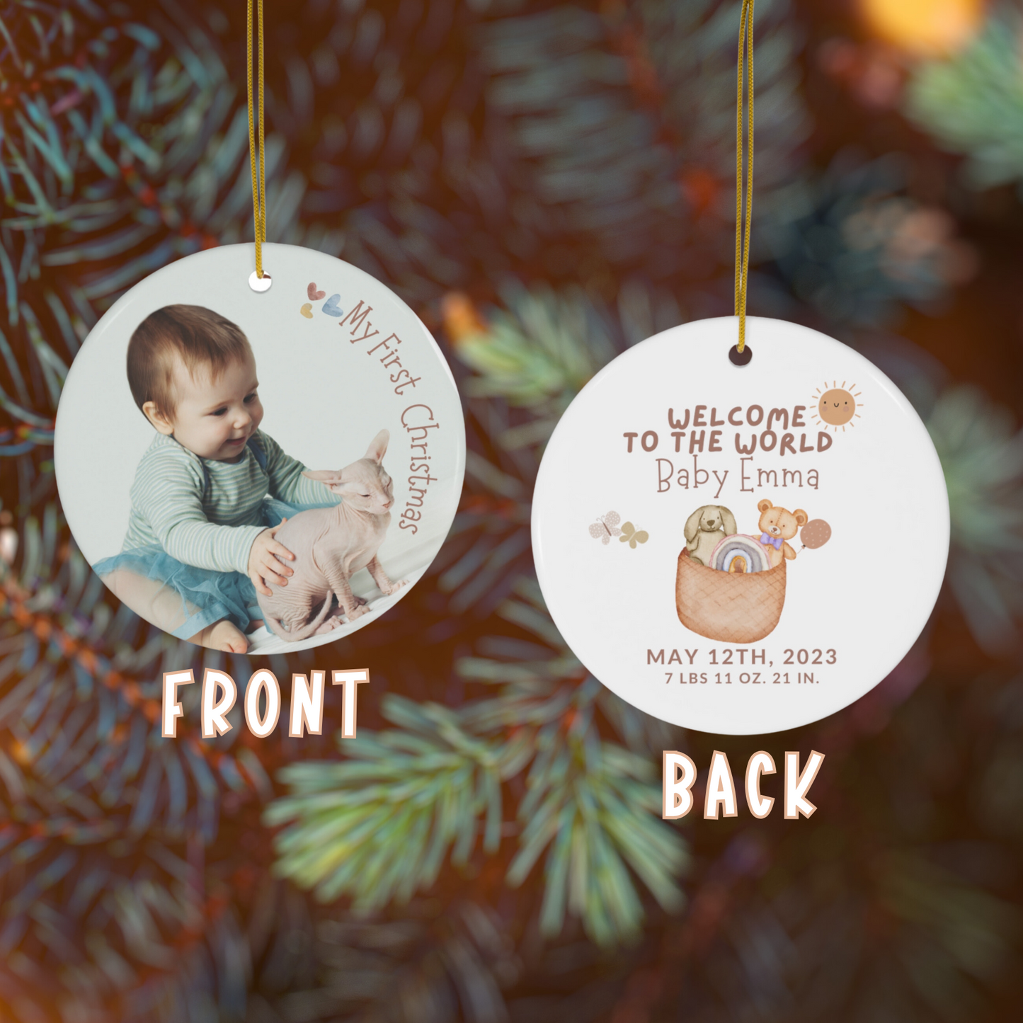 Babys First Christmas Ornament 2023 with Baby Stats and Photo
