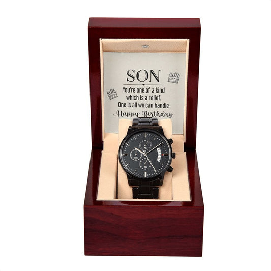 To My Son - Funny Birthday - Black Chronograph Watch With Card